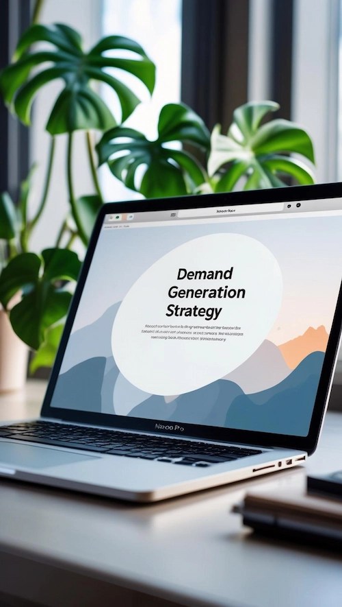 A laptop in an office environment with a slide about Demand Generation