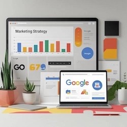 A computer showing Google search engine and a marketing strategy slide