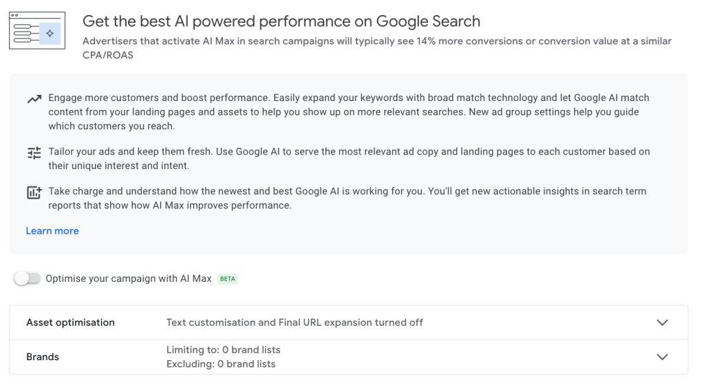 AI Max interface on Google Ads